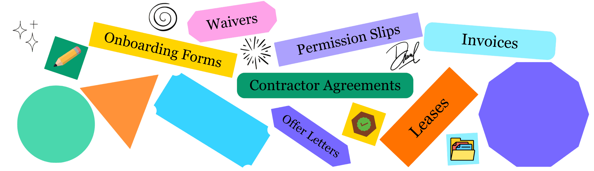 Document types Docura handles — onboarding forms, waivers, permission slips, invoices, contractor agreements, offer letters, and leases